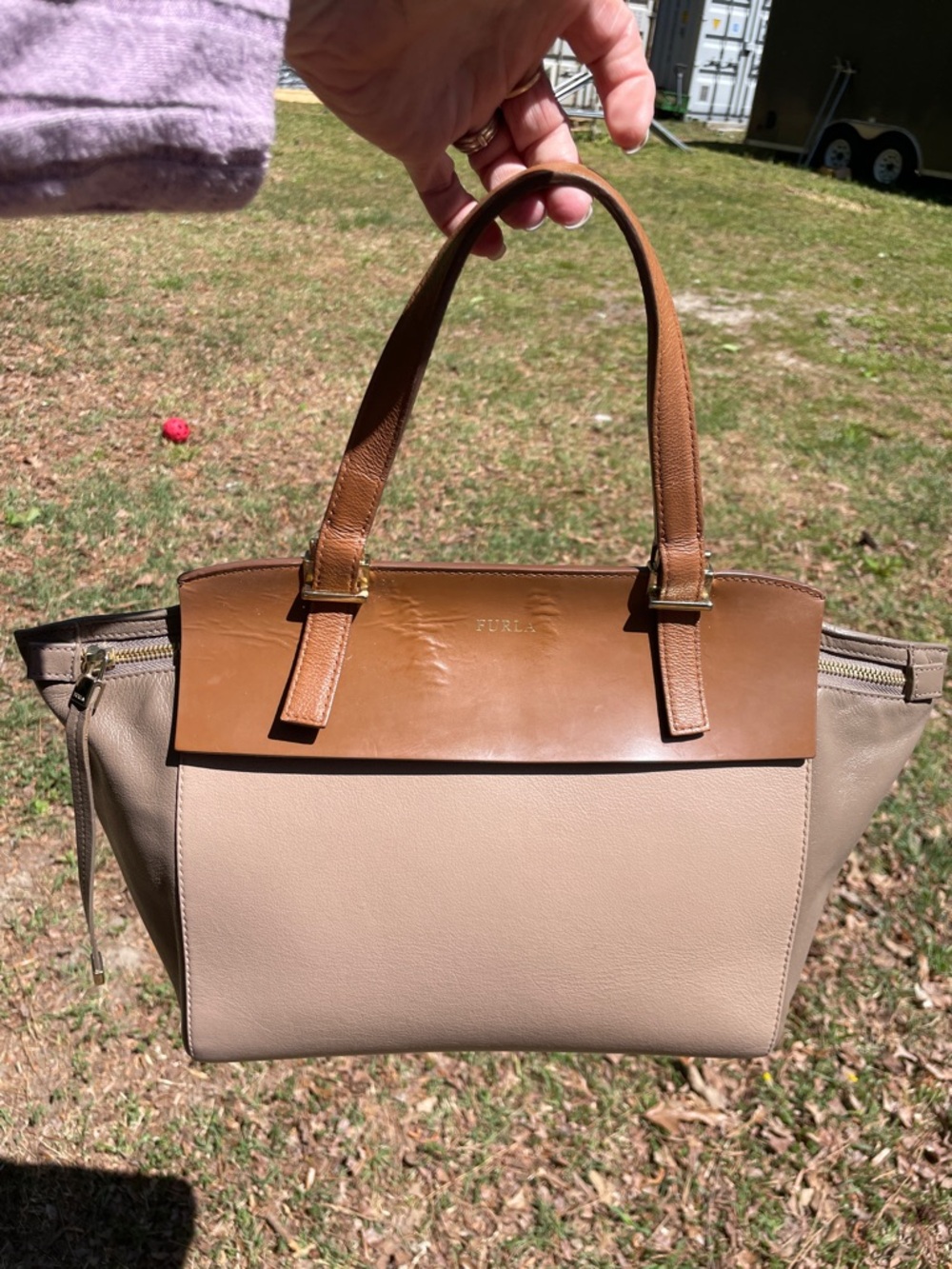 Furla Two-Tone  color block Beige and Brown Leather Tote top handle